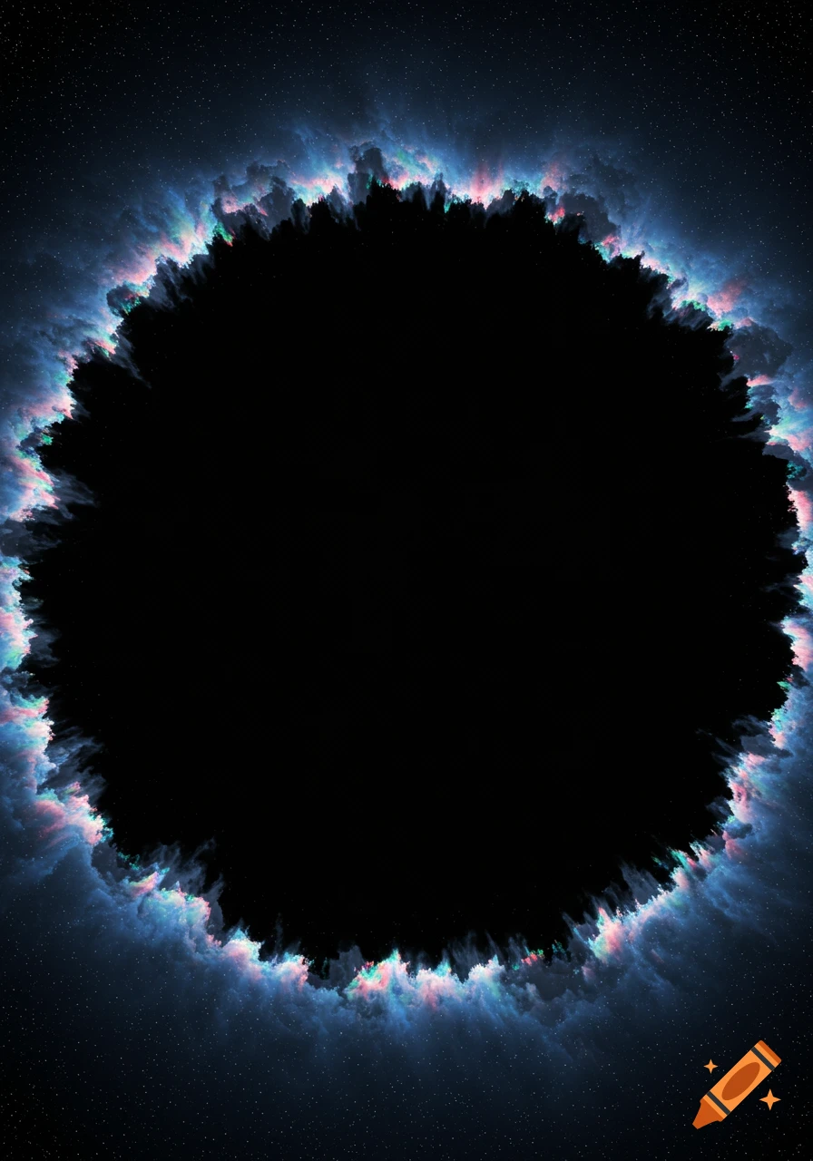 A black circular void surrounded by a colorful blue, pink, and purple glowing nebula against a starry night sky.