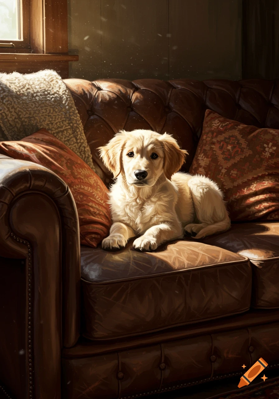 A golden retriever puppy lies comfortably on a brown leather couch with patterned pillows, bathed in warm sunlight from a window.