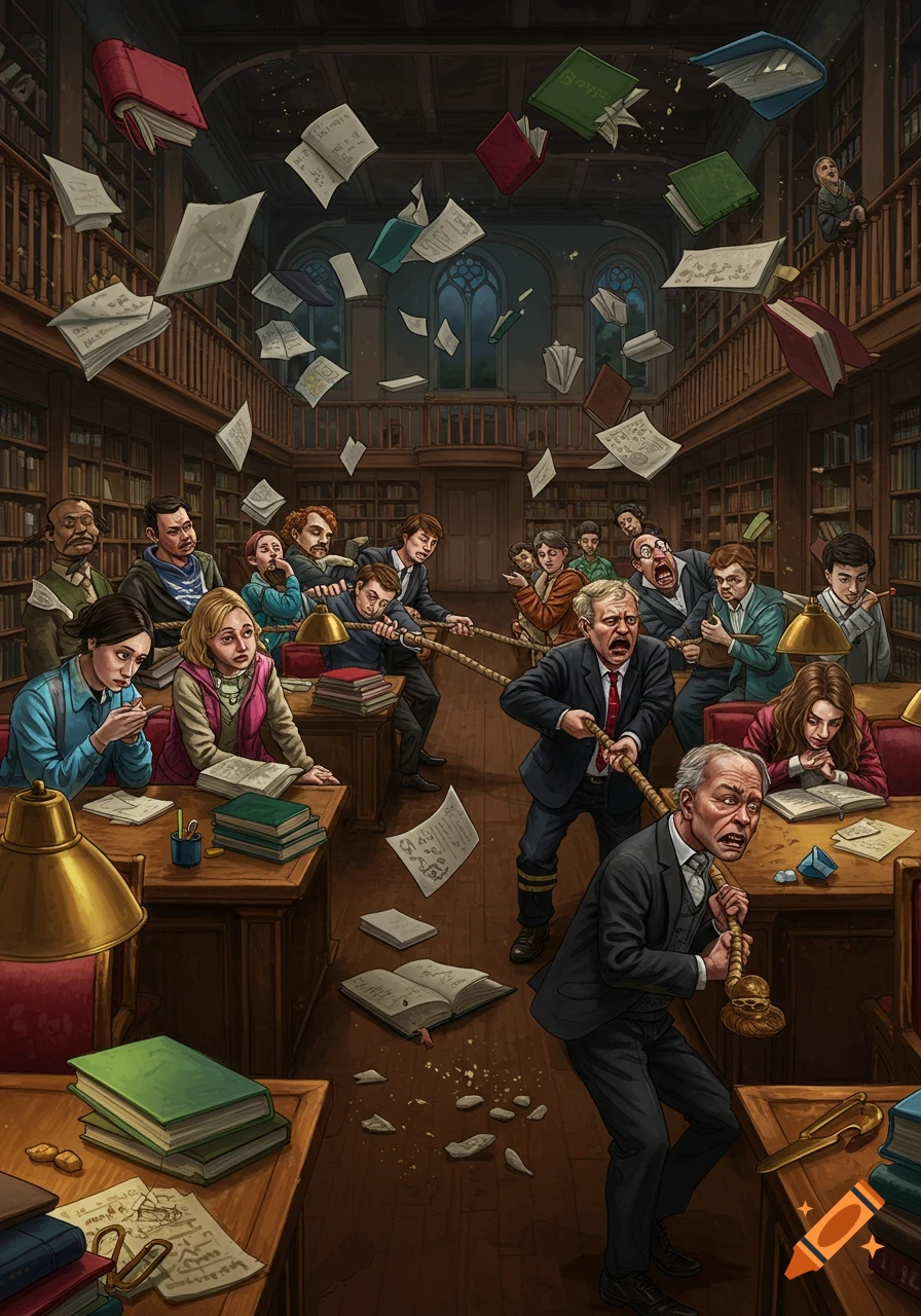 Cartoon illustration of a chaotic tug-of-war taking place inside a grand, old library with books and papers flying everywhere.