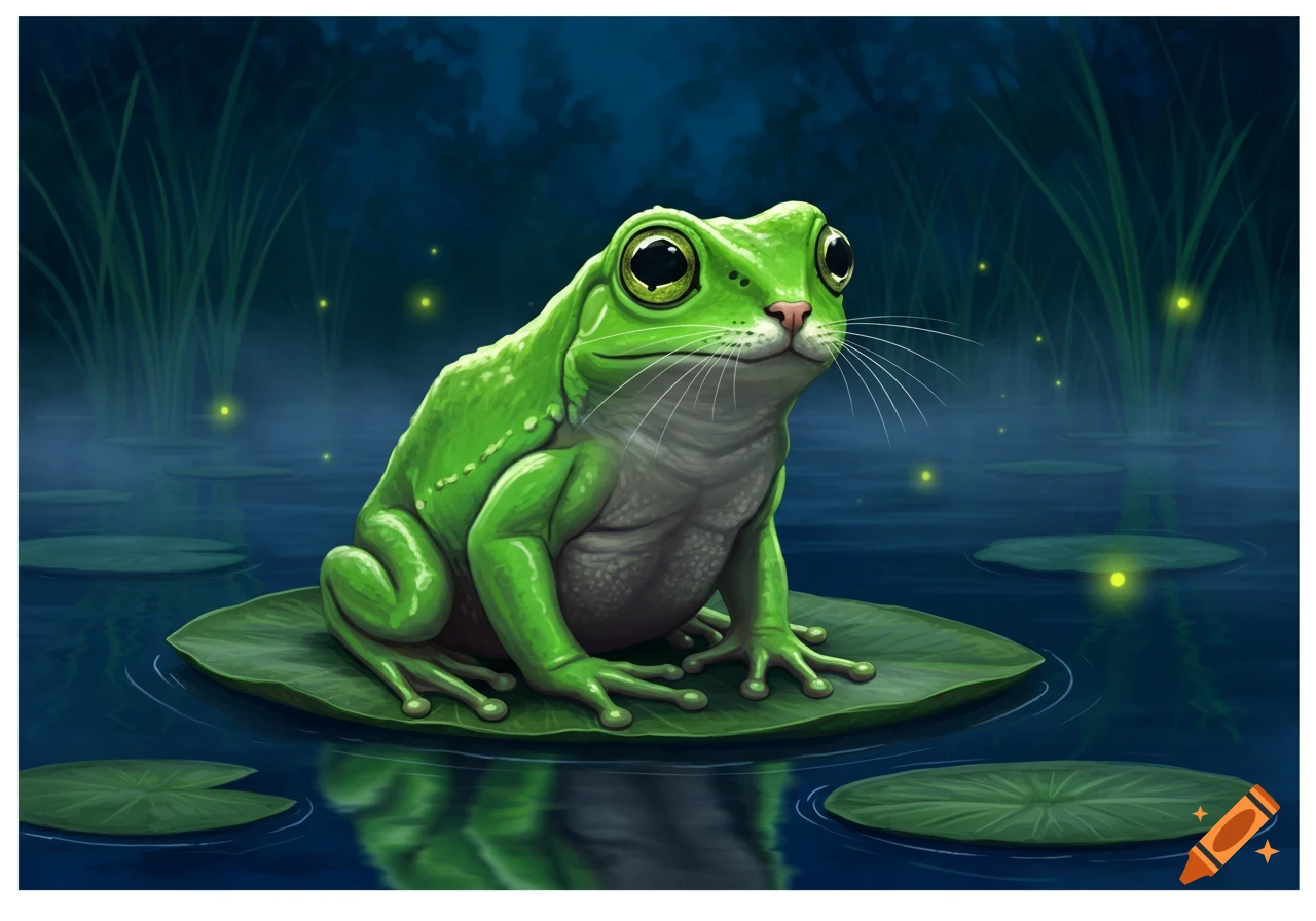 A green frog with a cat-like face, whiskers, and pink nose sits on a lily pad in a dark pond with fireflies at night.