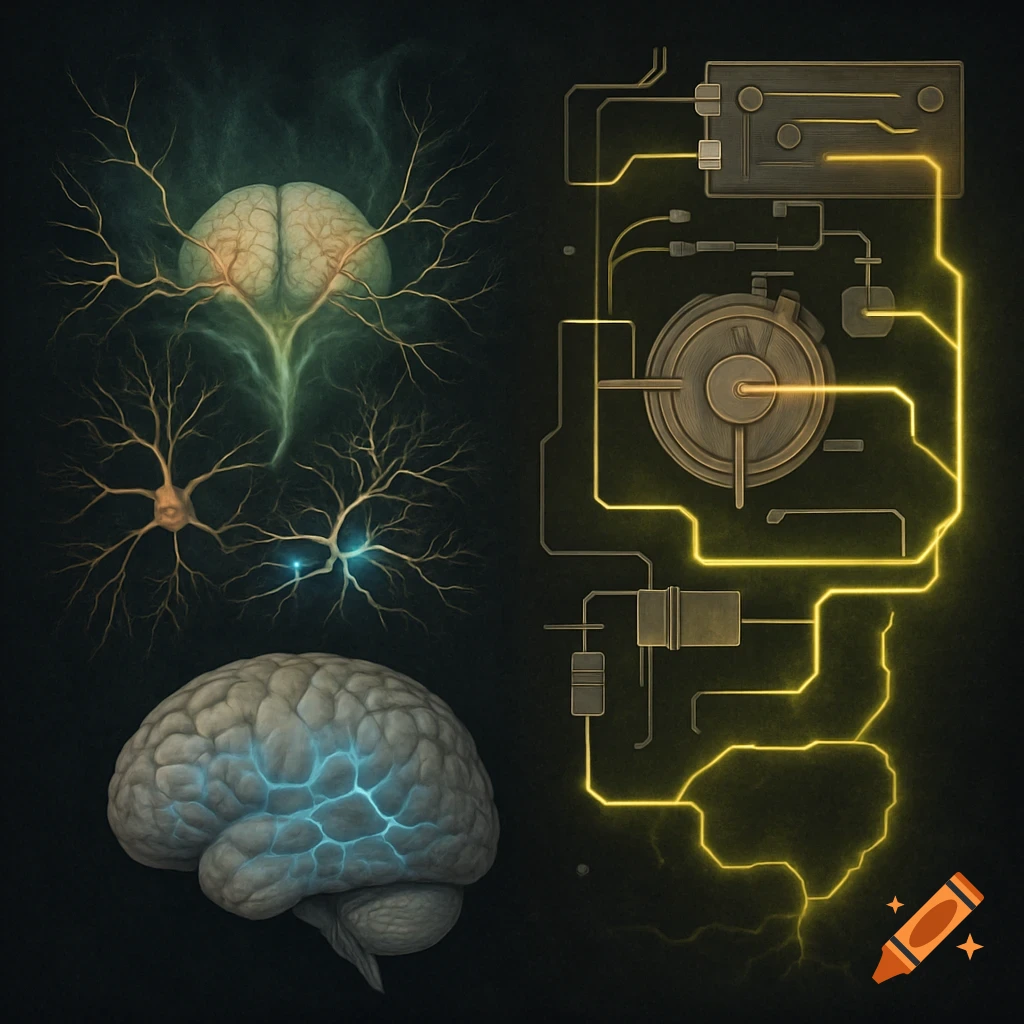 A stylized illustration showing multiple brains and neurons on the left, connected to glowing electrical circuits and components on a dark background.