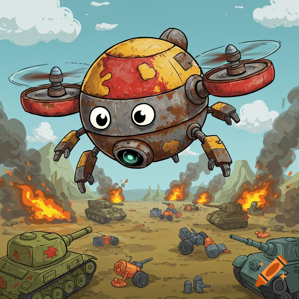 A whimsical, rusty cartoon drone with googly eyes hovers over a burning battlefield with tanks and explosions.
