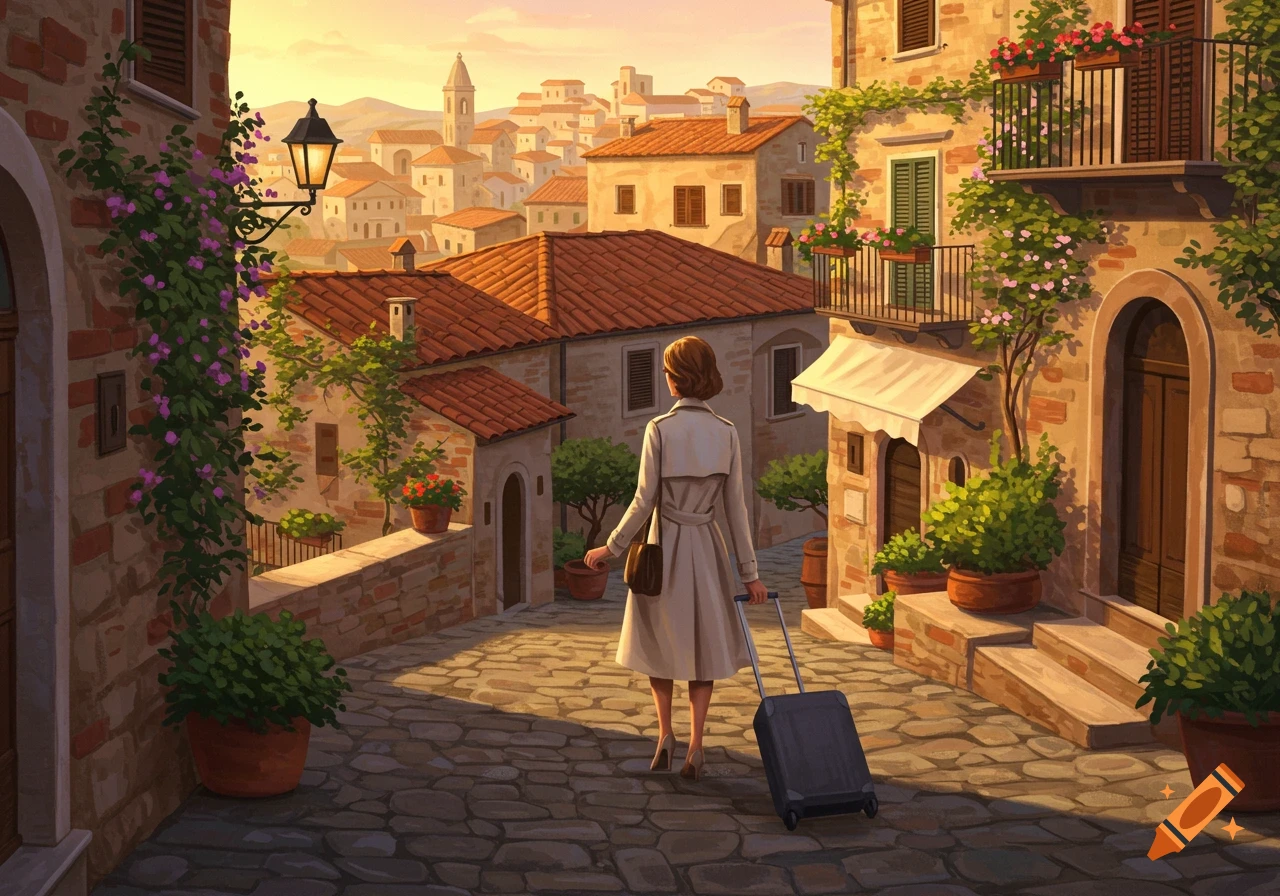 Stylish woman pulls luggage down a cobbled street in a sunny, illustrated Italian village.