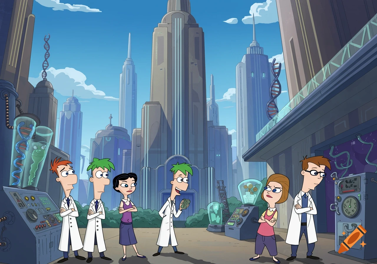 Phineas and Ferb characters in lab coats stand in a futuristic city with sci-fi architecture and equipment.