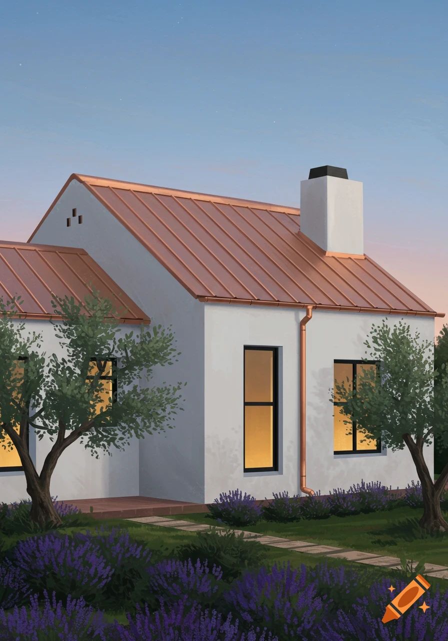 Stylized illustration of a white Mediterranean house with copper roof and gutters, black windows, and lavender garden at dusk.