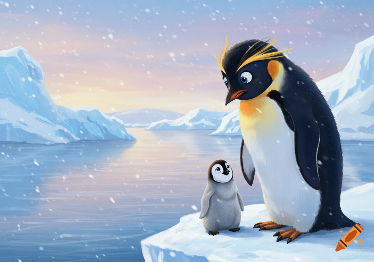 An adult crested penguin looks down at a fluffy baby penguin on an ice floe, with snowy icebergs in an icy sea under a pastel sky.