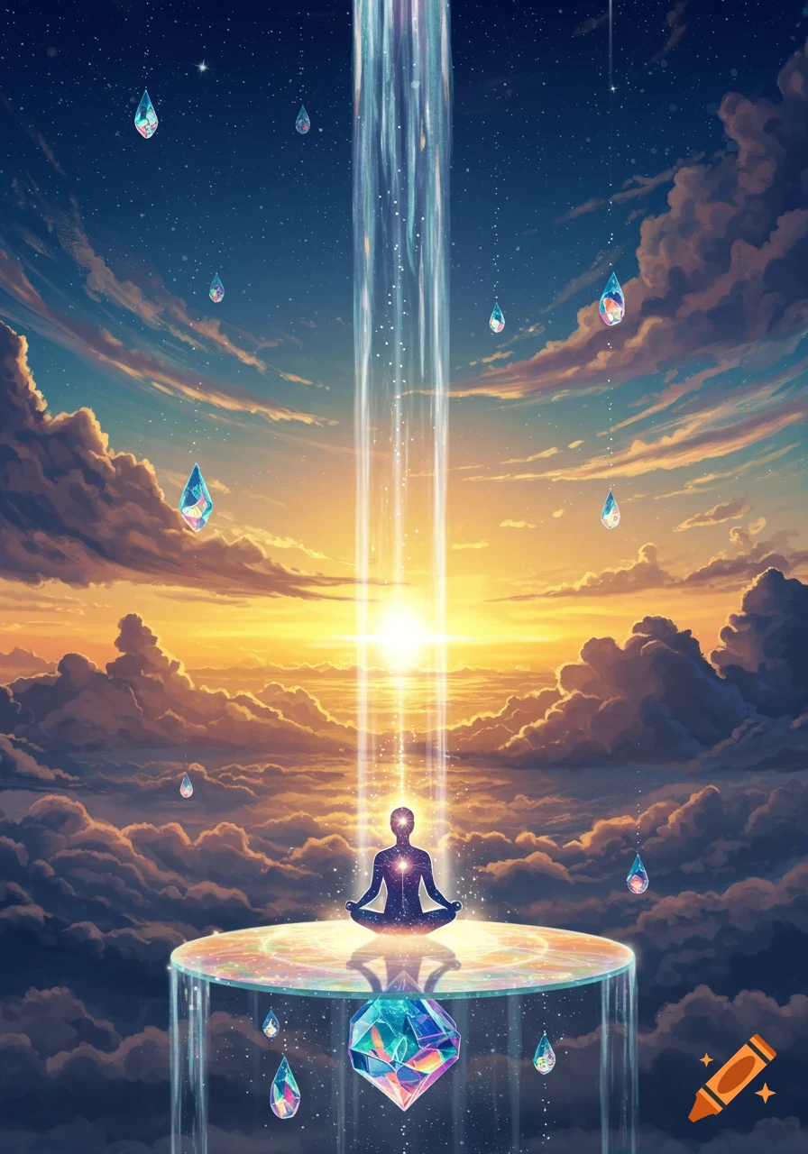 A silhouette meditates on a disc above clouds, illuminated by a light beam from a vibrant sunset sky with floating crystals.