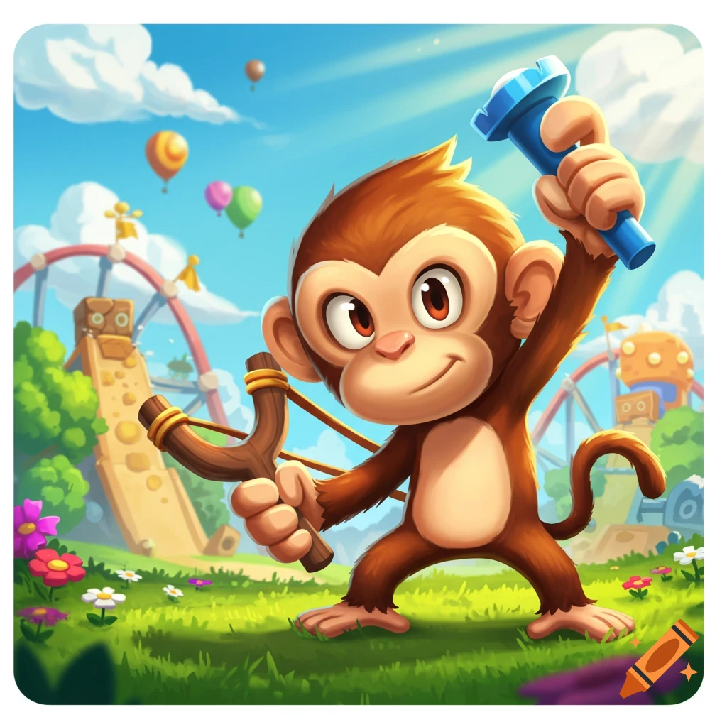 A cute cartoon monkey holding a slingshot and blue toy in a vibrant park with a ferris wheel and hot air balloons under a sunny sky.