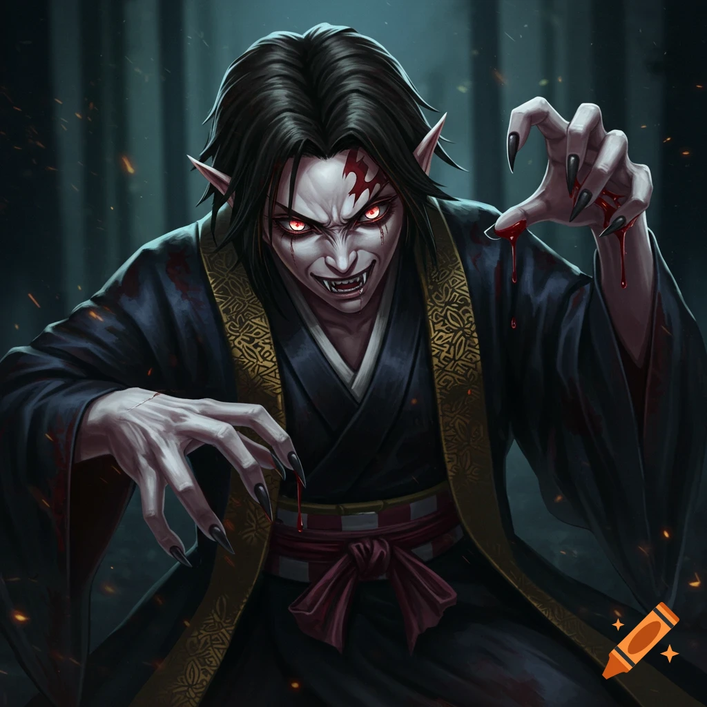 An anime-style vampire demon with glowing red eyes, fangs, pale skin, blood on its face and hands, wearing a gothic kimono, in a dark forest.