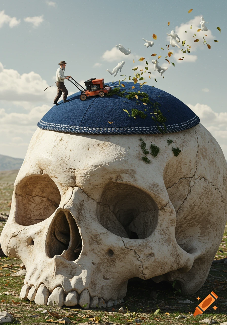 A tiny gardener mows green moss on a blue kippah atop a giant, cracked skull, expelling small white figures and leaves into a surreal sky.