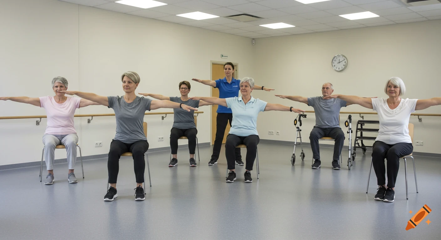 A group of seniors with an instructor doing seated rehabilitation exercises with arms extended in a bright room.