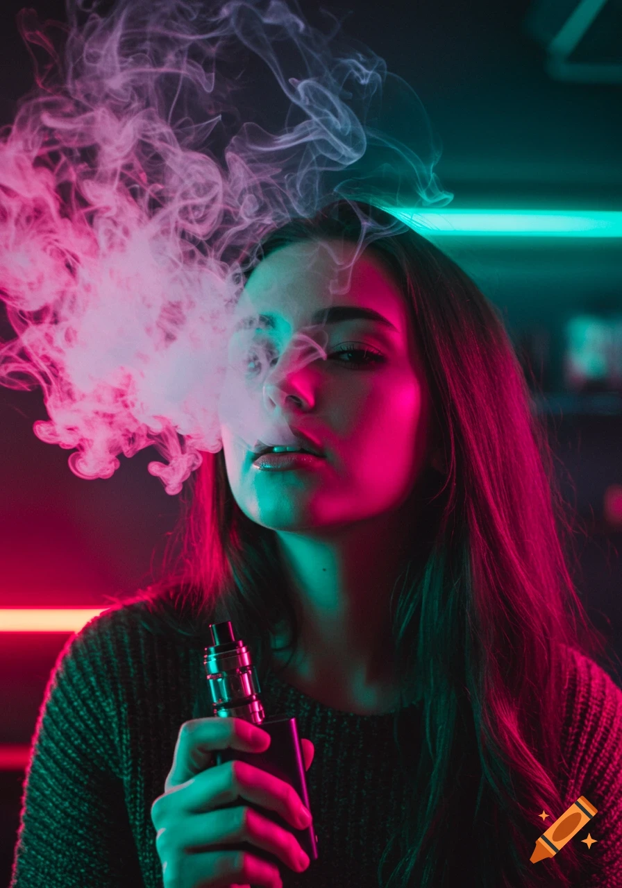 Photorealistic portrait of a young woman exhaling vapor from a vape device, illuminated by pink and cyan neon lights.