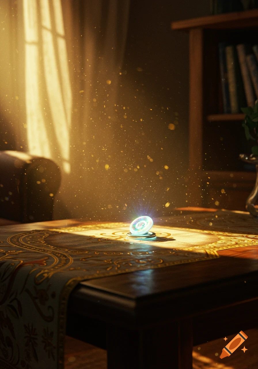 A glowing, colorful button-like object on an ornate tablecloth, illuminated by a sunbeam filled with dust motes.