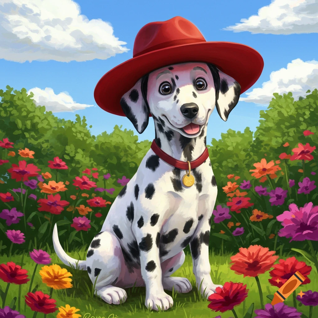 A cute illustrated Dalmatian dog wearing a red hat sits in a field of colorful flowers under a blue sky.