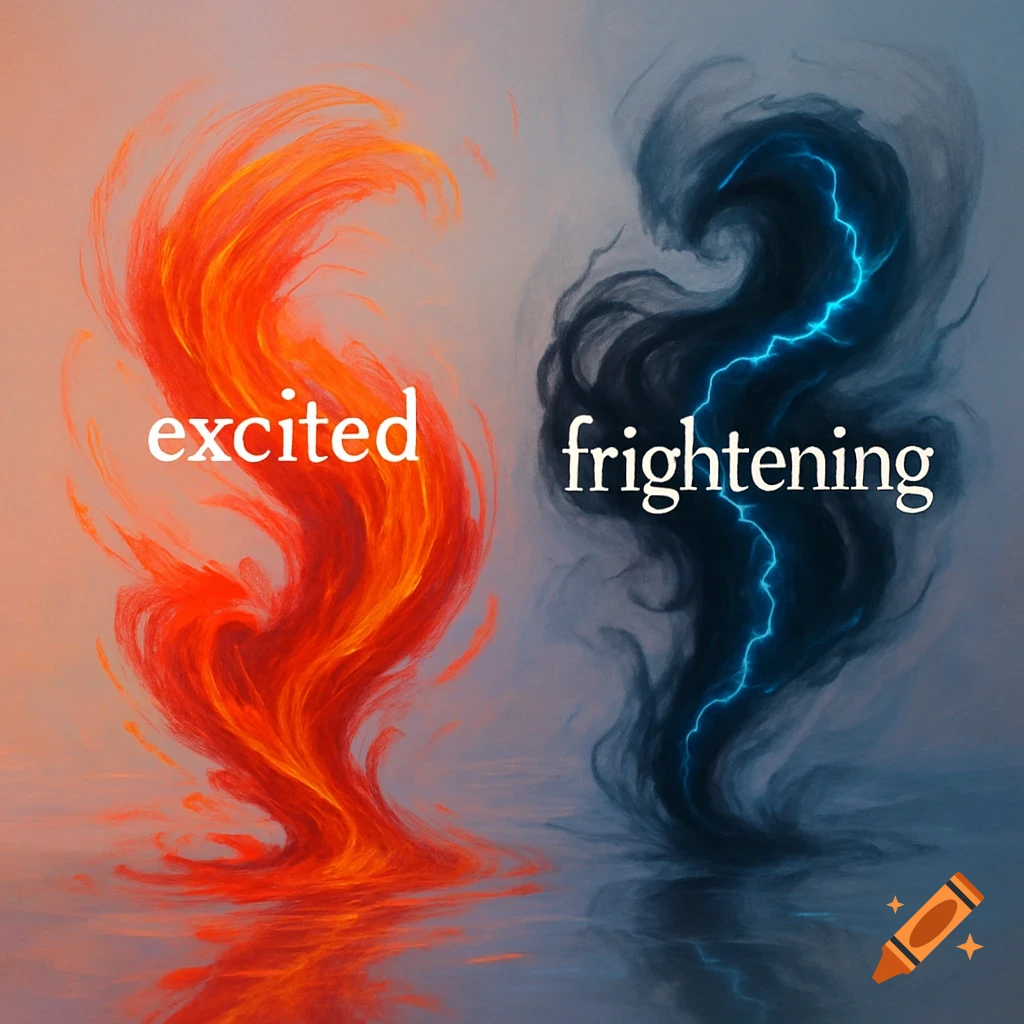 Abstract image with a red-orange fiery vortex labeled 'excited' and a dark smoke cloud with blue lightning labeled 'frightening'.