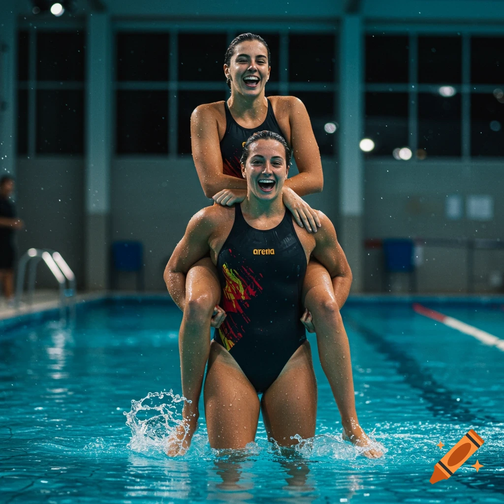 Two smiling female swimmers, one carrying the other on her shoulders, in a photorealistic swimming pool scene.