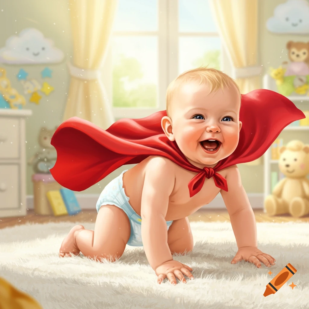 A laughing baby in a red cape and diaper crawls on a white carpet in a sunny nursery.