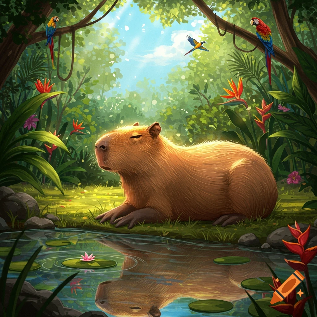 A fluffy capybara rests by a calm pond in a vibrant jungle, with parrots perched in lush trees and lily pads on the water.
