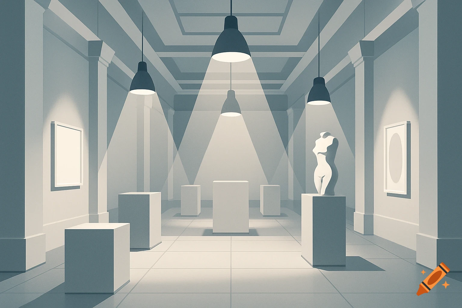 Minimalist grey and white museum hall with spotlights illuminating pedestals and a stylized white female torso sculpture.