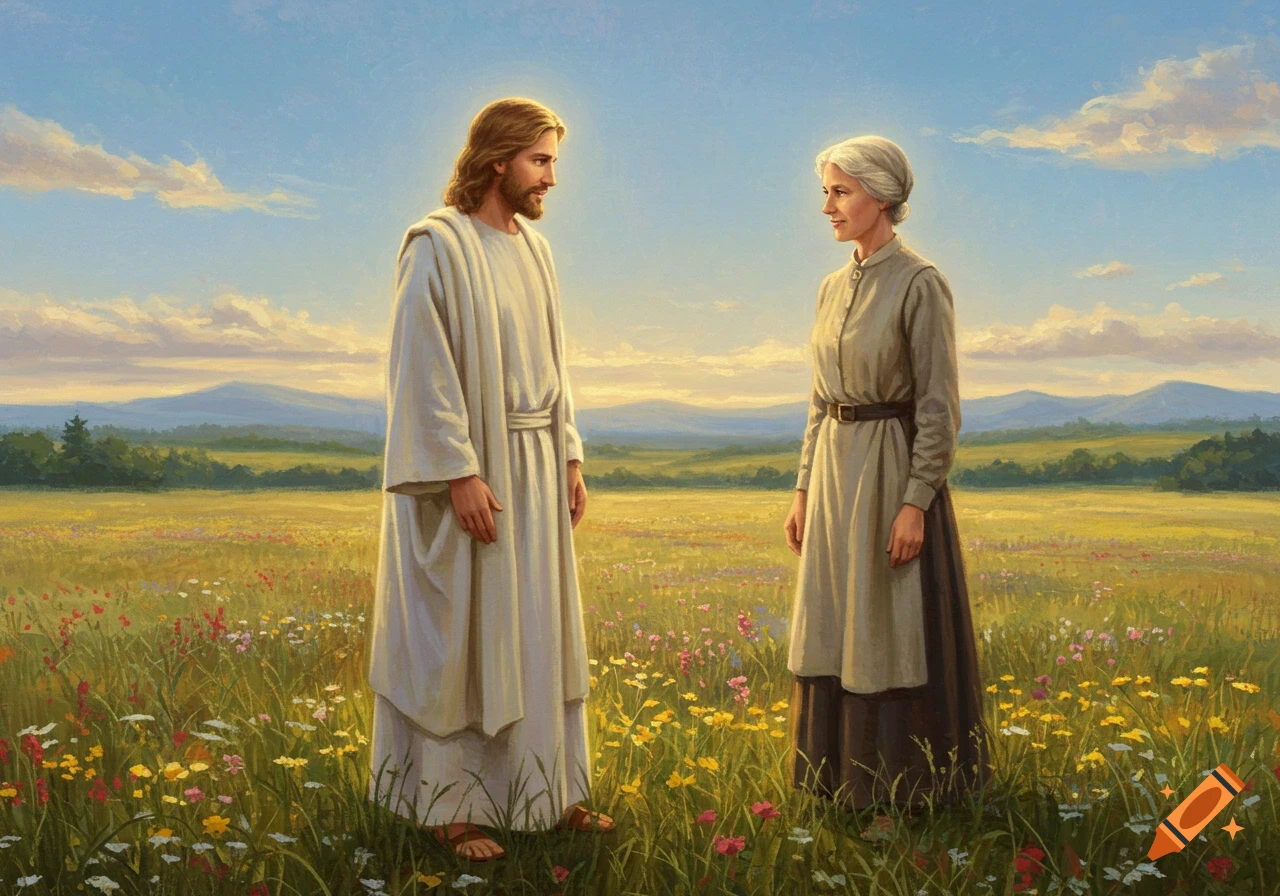 Jesus Christ and Ellen White stand in a vibrant wildflower field under a blue sky, depicted in a painterly style.