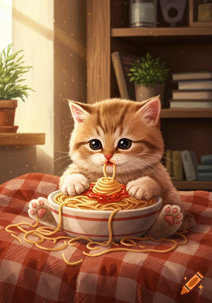 A cute fluffy ginger kitten with big eyes eats spaghetti from a bowl on a red checkered blanket, in an illustrative style.