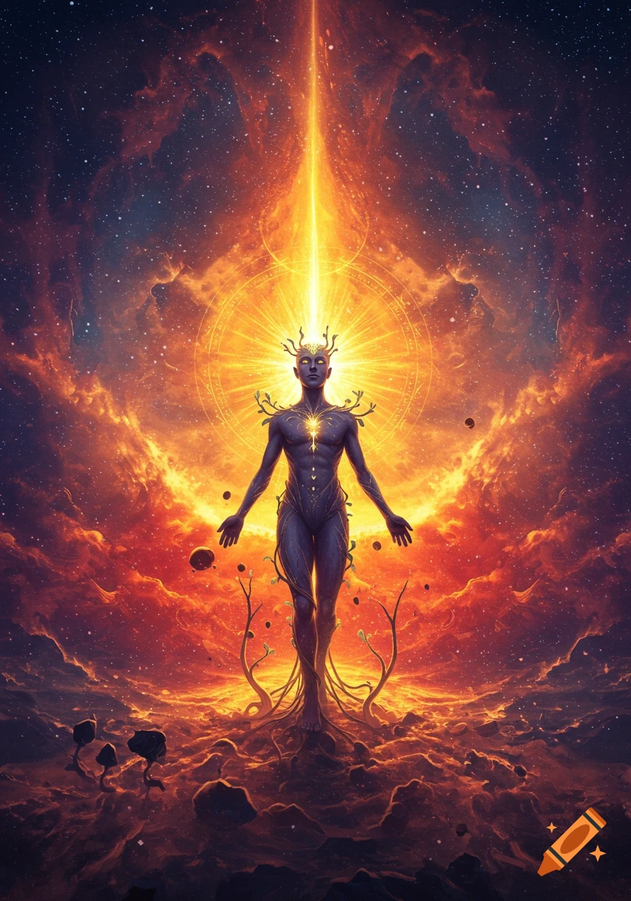 A vibrant, glowing human-like figure with roots stands in a cosmic landscape of fiery nebulae and stars, emanating light upwards.