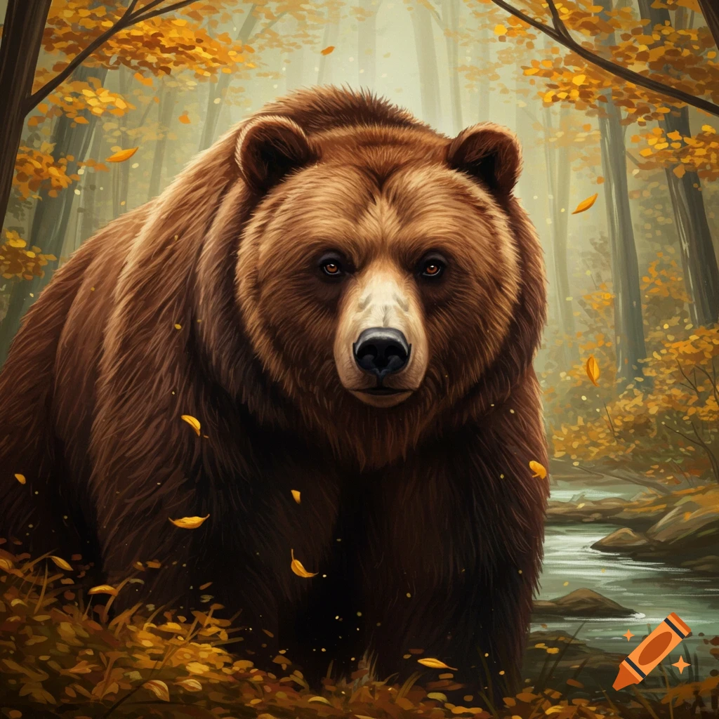 A large brown bear in a golden autumn forest by a stream, looking directly forward, digital painting.