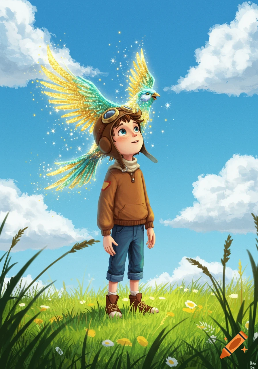 Whimsical illustration of a boy in an aviator hat looking at a sparkling bird above him in a sunny, grassy field.