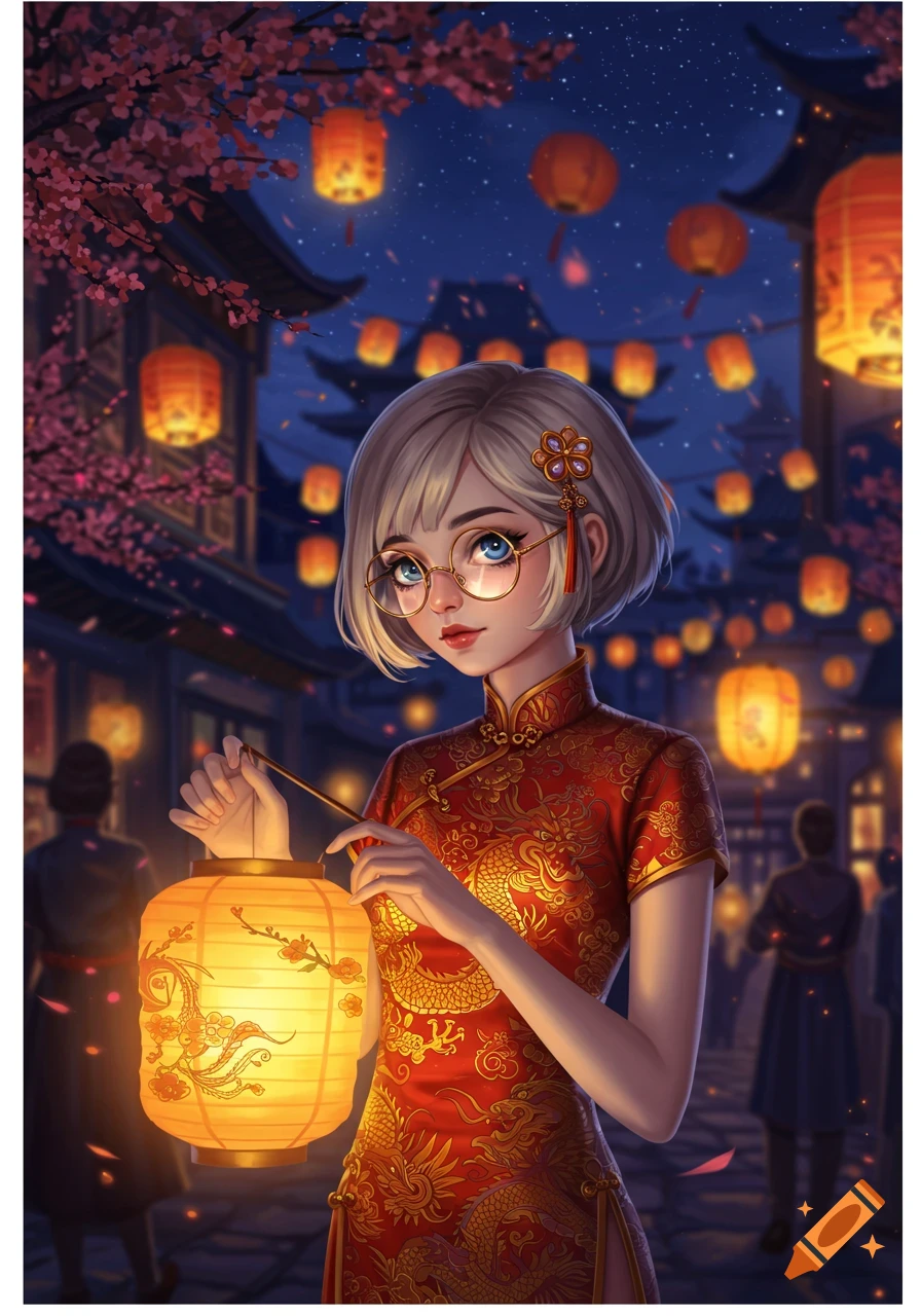 Anime girl with short blond hair and round glasses, wearing a red Chinese dress, holding a glowing lantern at night.
