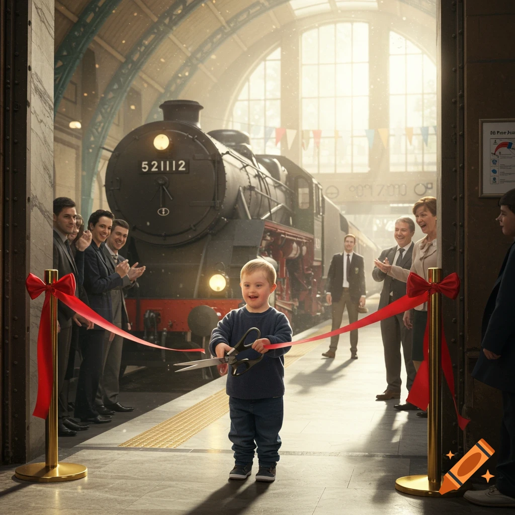 A smiling child with Down syndrome cuts a red ribbon in a grand train station, with a steam train behind and people clapping.