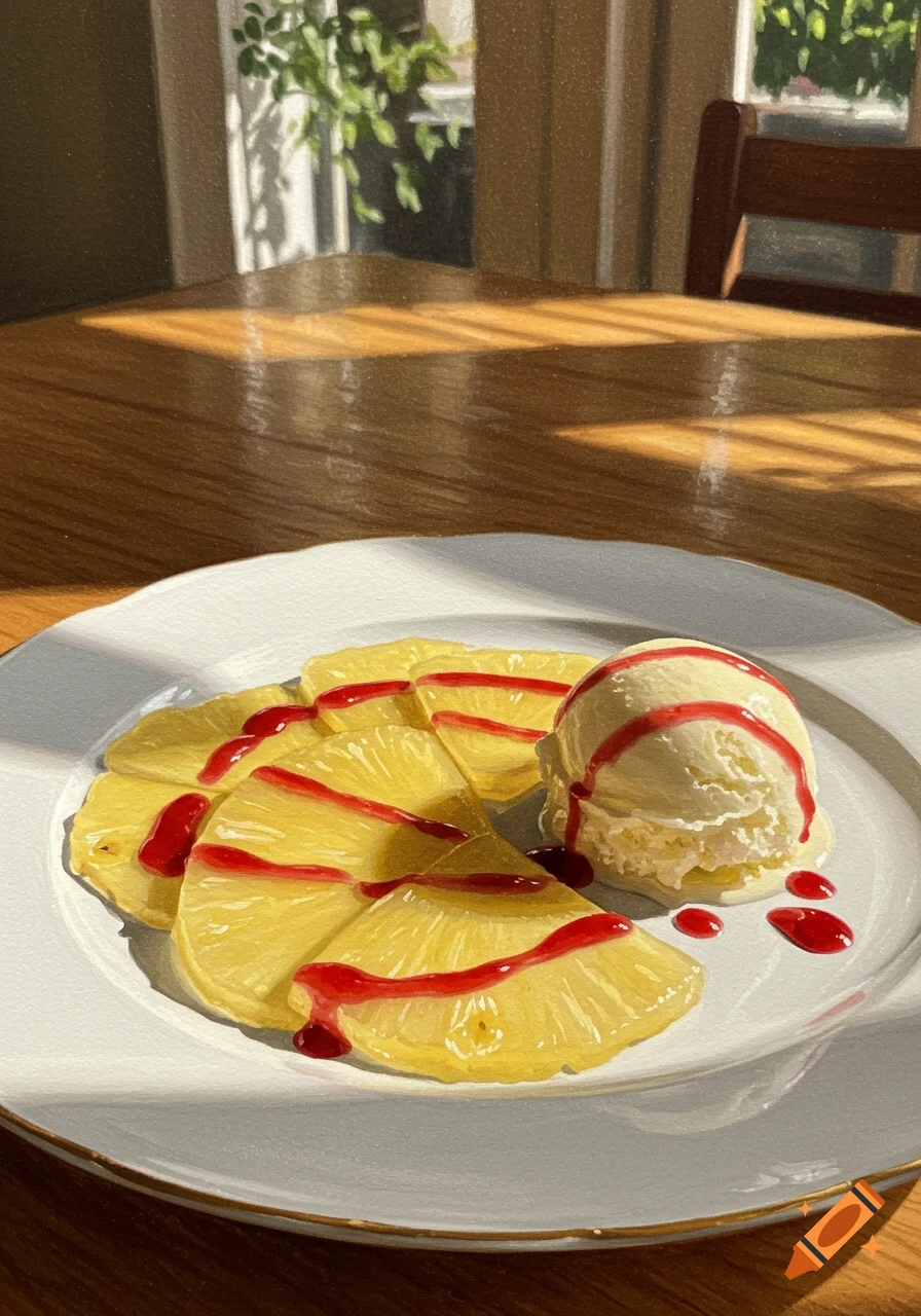 Photorealistic image of pineapple slices with vanilla ice cream and red coulis on a white plate, illuminated by sunlight on a wooden table.