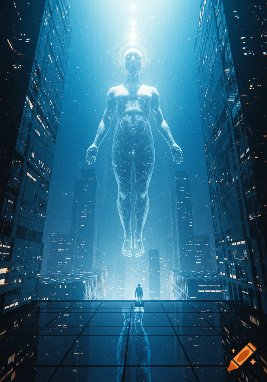 A translucent, luminous, human-like figure floats above a reflective futuristic cityscape, observed by a small person below.