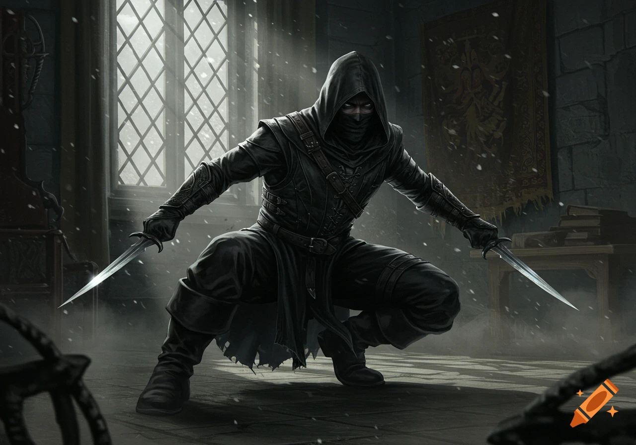 A hooded rogue in dark clothing crouches, holding two daggers, in a dimly lit room with a large window and falling snow, in a digital art style.