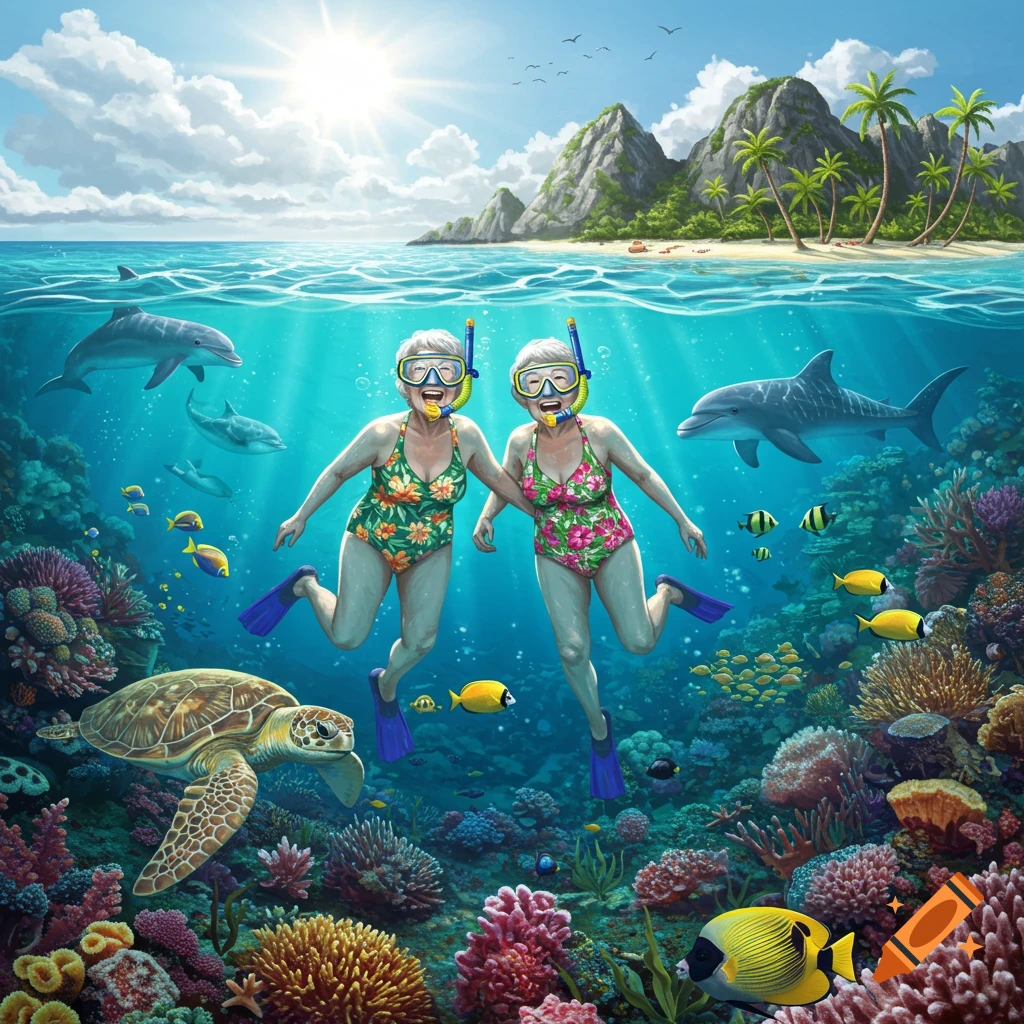Two elderly women snorkel among colorful coral, tropical fish, dolphins, and a sea turtle near a sunny island.