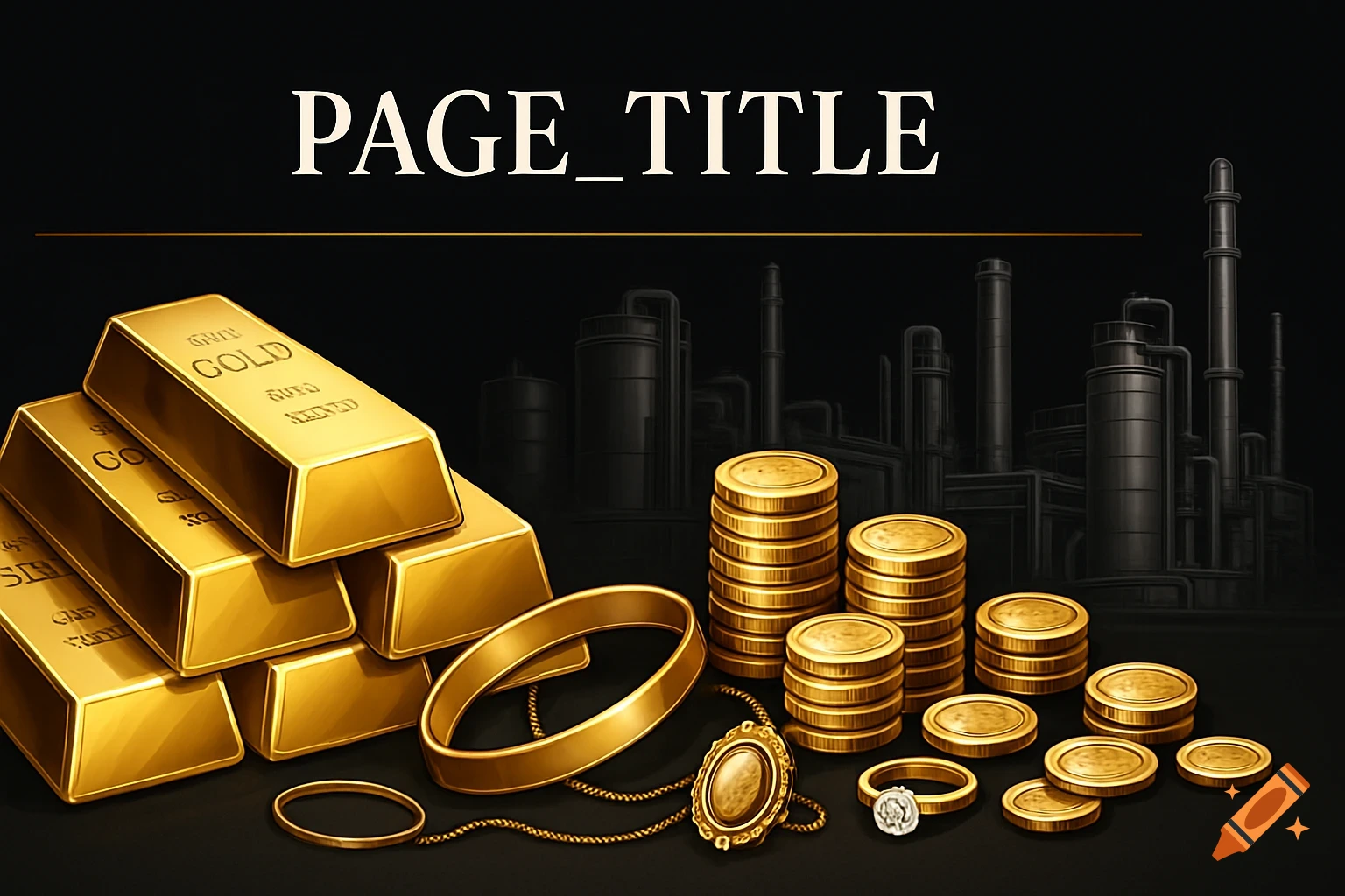 A banner image featuring stacks of gold bars, coins, and various gold jewelry in the foreground, with an industrial refinery in the dark background. The text 'PAGE_TITLE' is prominently displayed at the top.
