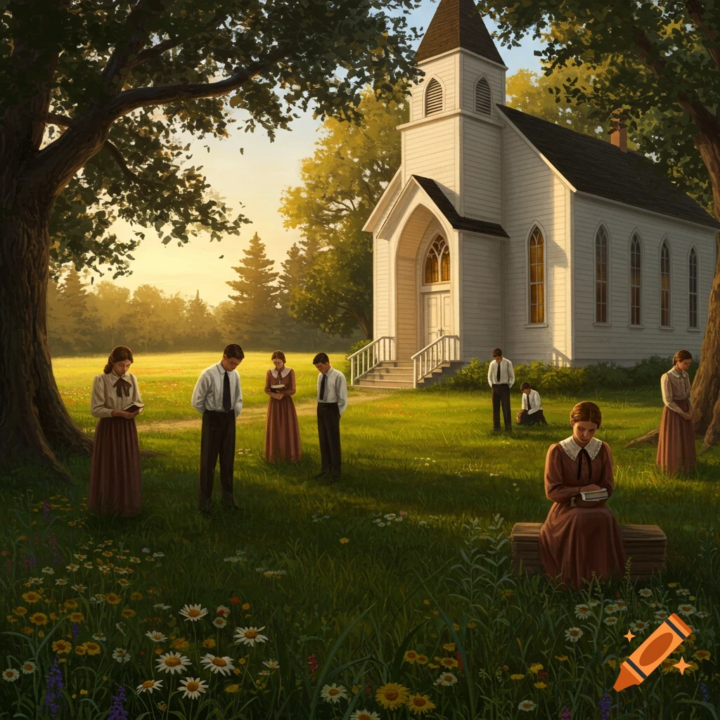 People in modest attire read books in a grassy field before a white church at sunset, a serene religious scene.