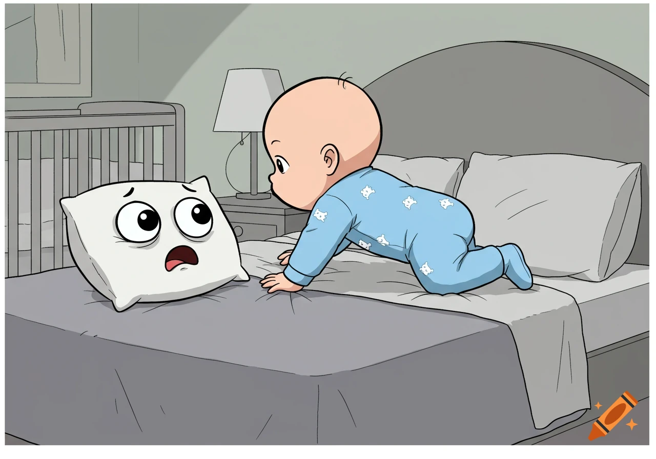 A cartoon baby in a blue onesie crawls towards a scared, anthropomorphic white pillow on a bed, with a sad crib in the background.