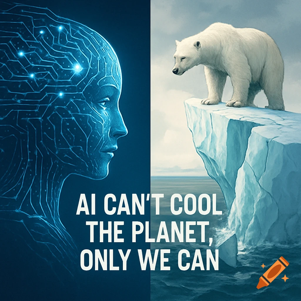 A split image showing a digital AI-like human profile on the left and a polar bear on a melting iceberg on the right, with text: AI CAN'T COOL THE PLANET, ONLY WE CAN.