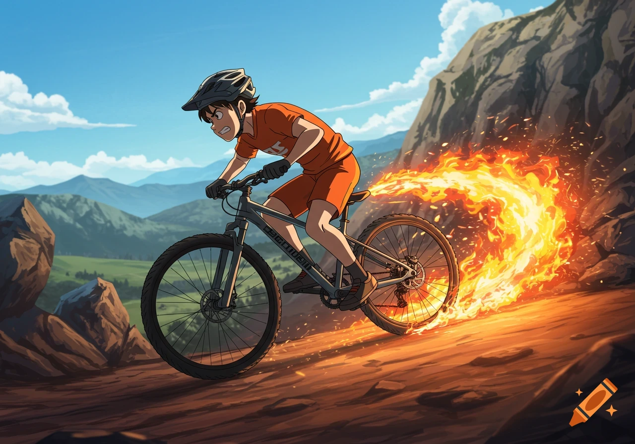 Anime style depiction of a boy mountain biking down a rocky trail, with flames trailing from his skidding rear wheel.