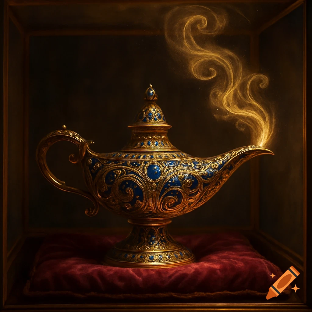 An ornate golden magic lamp with blue embellishments emits golden smoke, resting on a red velvet cushion in a display case.