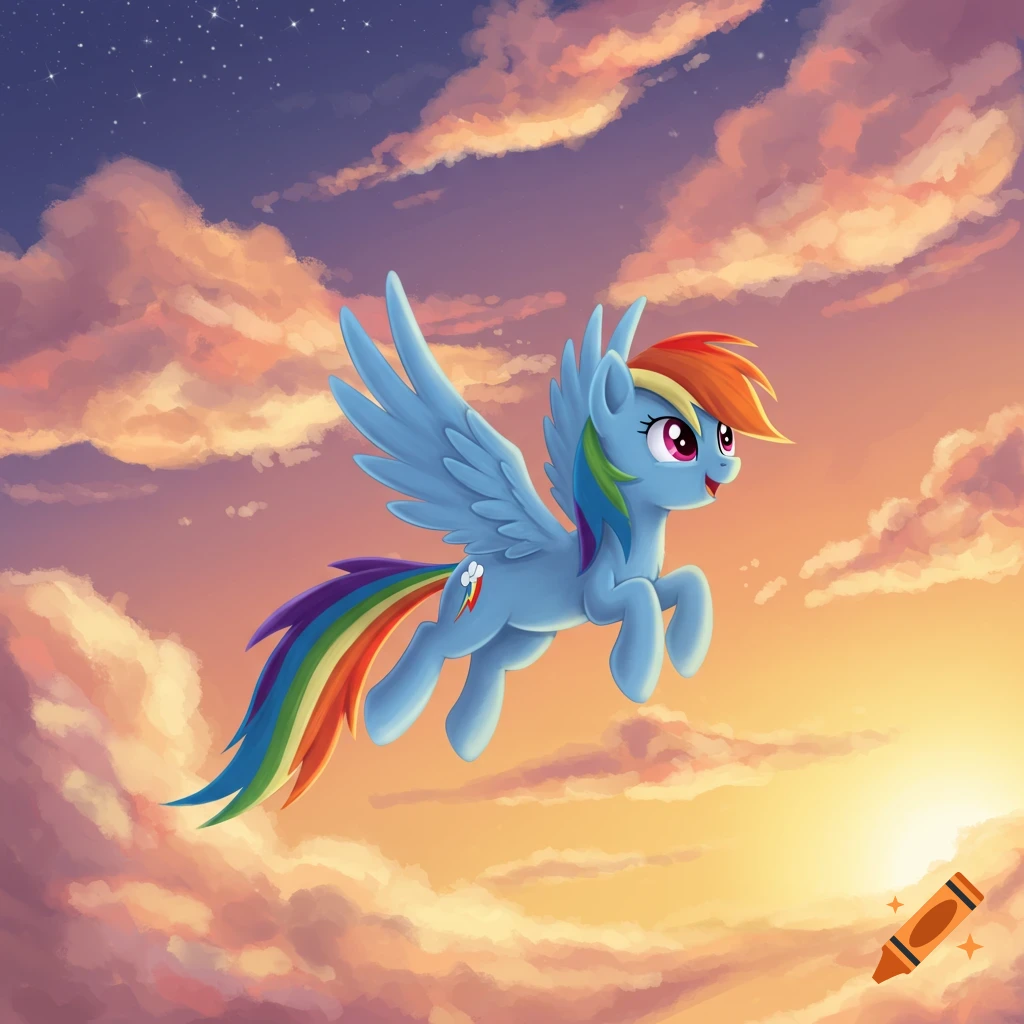 Cartoon Rainbow Dash from My Little Pony flying through a vibrant, cloudy sky at sunset.