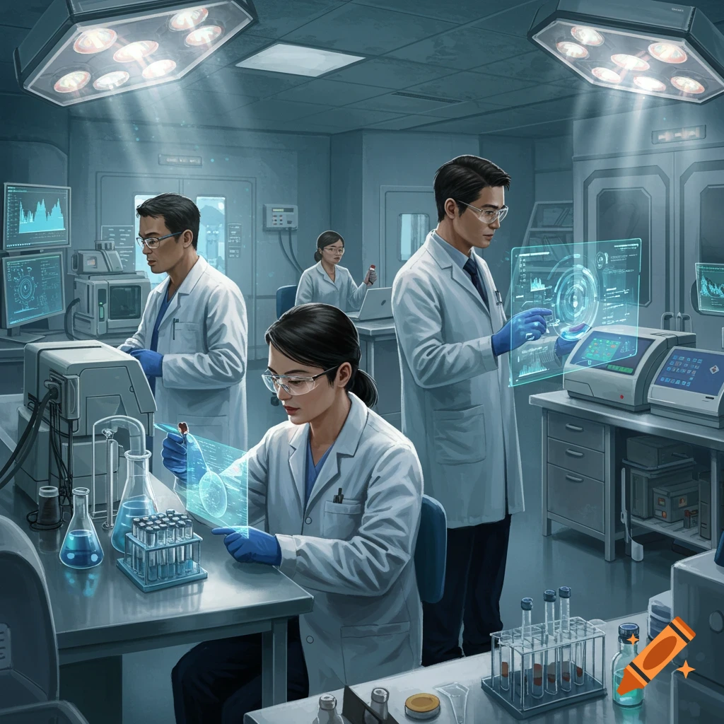 Four scientists in lab coats and gloves work with advanced equipment and holographic displays in a futuristic laboratory.