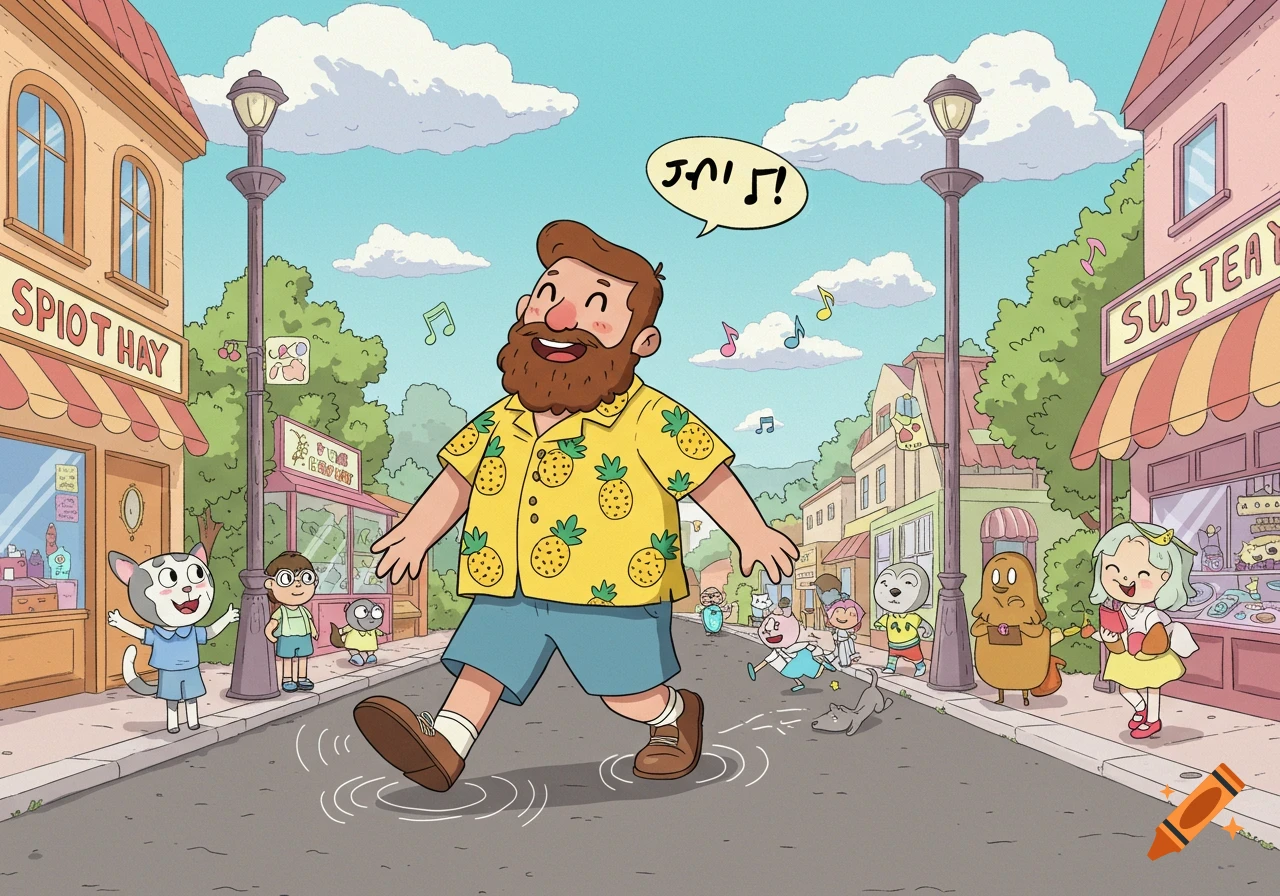 A cheerful cartoon man with a beard and pineapple shirt walks down a street, singing, as anthropomorphic animals watch from the sidewalk.