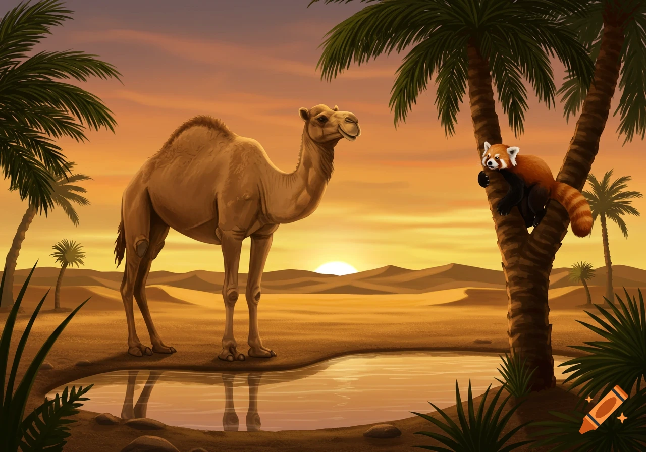 An illustrated desert oasis at sunset with a camel by a pond and a red panda climbing a palm tree.