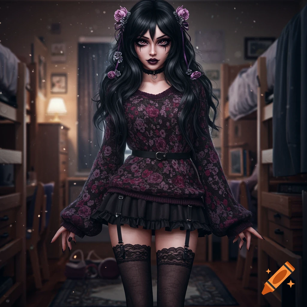 Photorealistic portrait of a woman with long black hair, dark makeup, a floral sweater, mini skirt, garter straps, and black stockings, in a dorm.