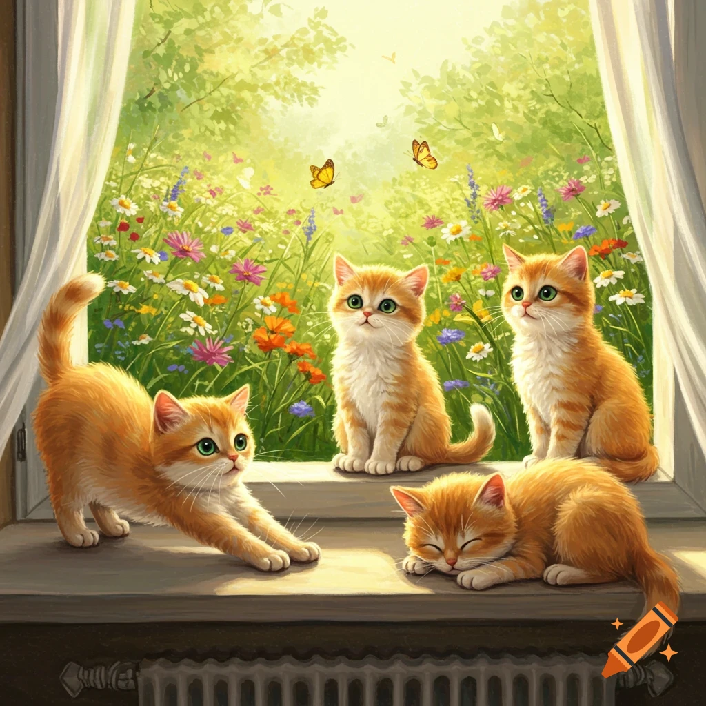 Four ginger kittens by a window, looking out at a vibrant field of wildflowers and butterflies. Illustrative style.