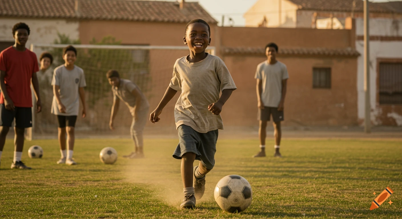 A smiling young African boy runs with a soccer ball on a grassy field, with other boys watching in the background, in a cinematic style.