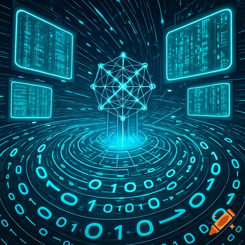 Glowing blue binary code swirls around a geometric structure with data screens, depicting data processing in a digital abstract style.
