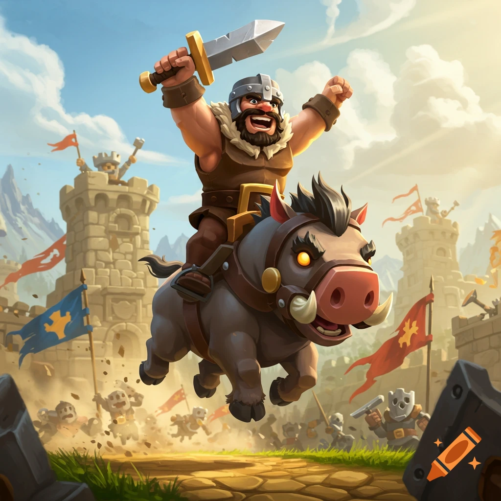 A cartoon warrior with a sword rides a wild boar, leaping over a battlefield with castles and smaller figures in the background.