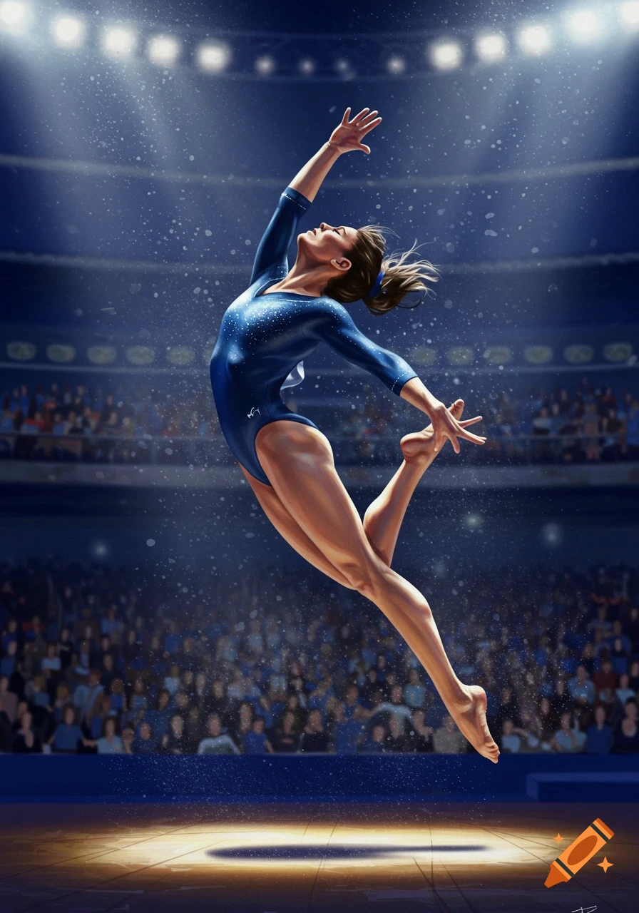 Female gymnast in a blue leotard mid-leap during a performance in a brightly lit stadium, illustrative style.